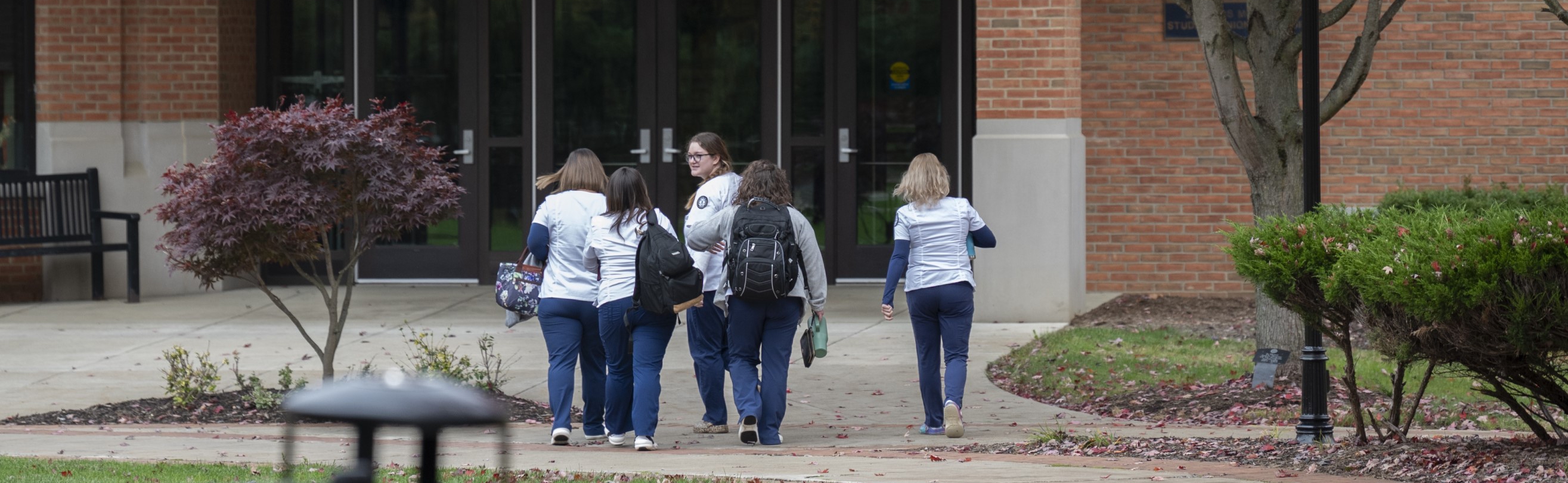 Image of students walking towards a building